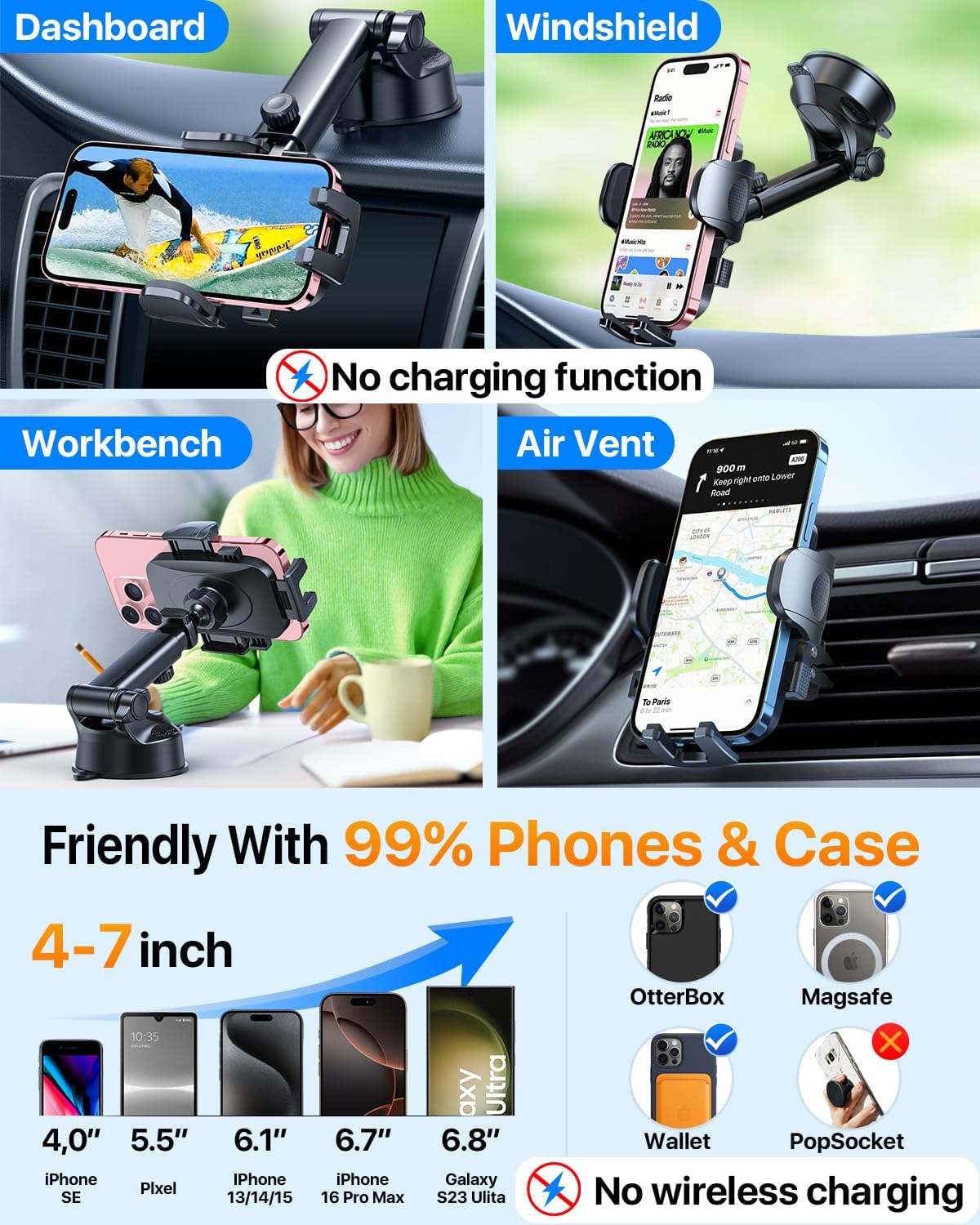 2025 Ultimate Car Phone Holder【80+LBS Strongest Suction & Military-Grade】 Universal Cell Phone Holder Truck Car Mount for Dashboard Windshield Air Vent for iPhone 16 Pro Max 15 Samsung 2pcs,Grey