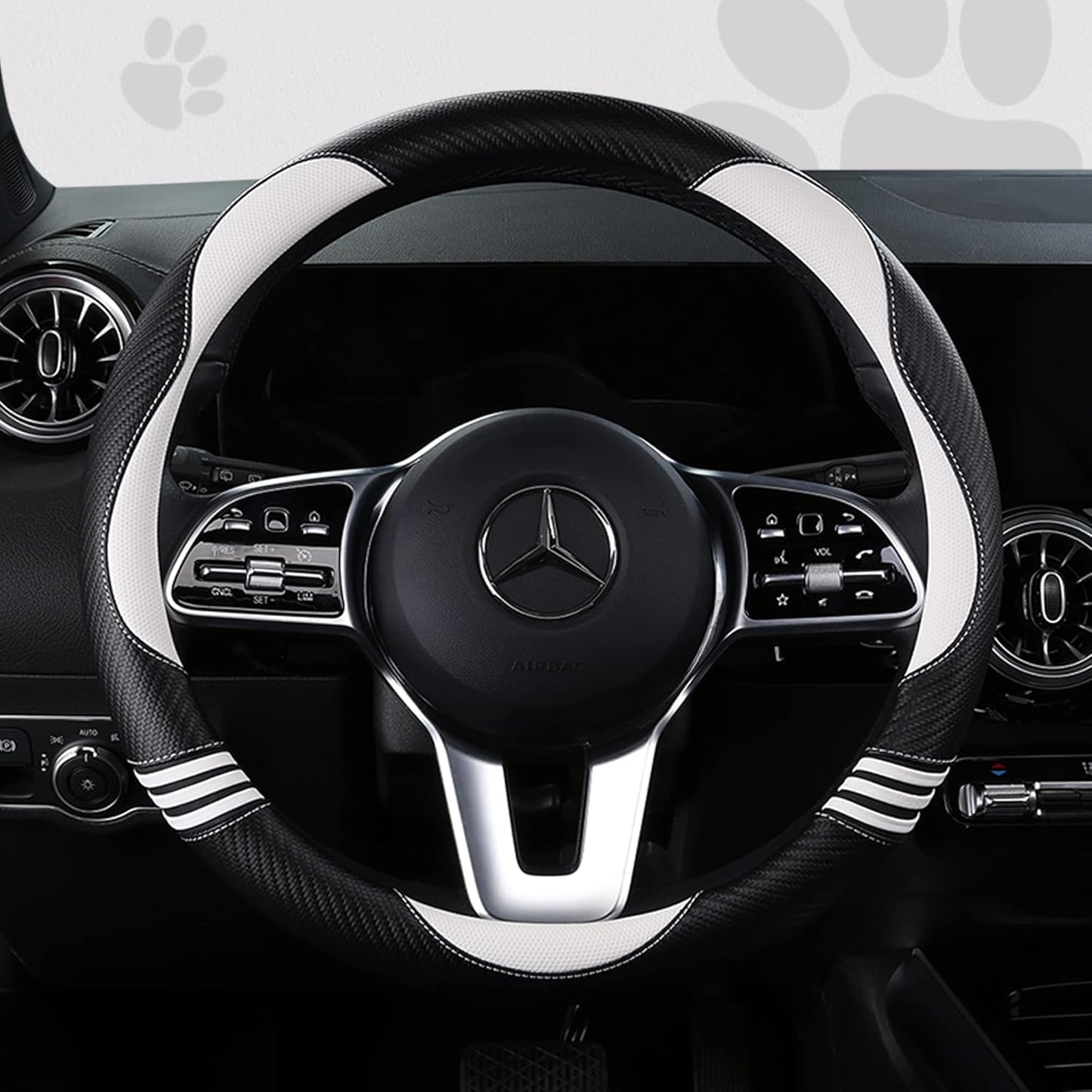 Car Steering Wheel Covers for Women Girl Padded Carbon Fiber PU Leather Cute Cartoon Auto Interior Accessories for Jeep, Truck, Universal, Anti Slip, White, Large Size 15.5-16"(39-41cm)