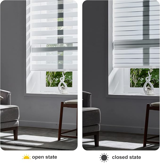 Persilux Cordless Zebra Blinds for Windows (27" W X 64" H, White) Free-Stop Roller Windows Shades Dual Layer Light Control for Day and Night, Light Filtering Sheer Shades for Home, Easy to Install