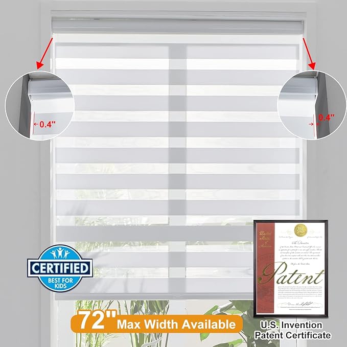 Persilux Cordless Zebra Blinds for Windows, Light Filtering Roller Shades for Windows (36.5" W x 72" H, White) Light Control for Day and Night, Light Filtering Sheer Shades for Home, Office, Bedroom