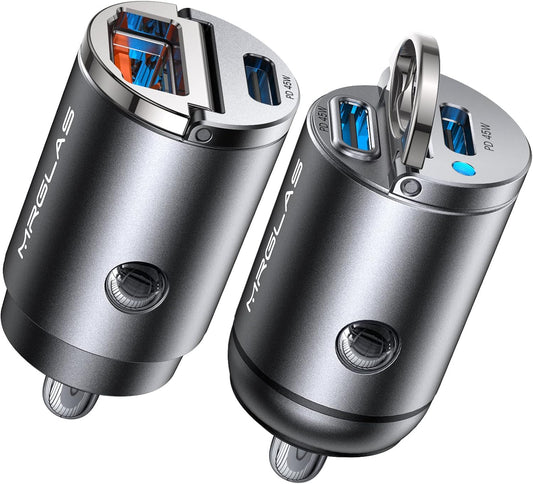 MRGLAS 90W USB C Car Charger,2-Pack Super Mini Metal USB C Car Charger Fast Charging Adapter [PD+QC]&[Dual PD],Cigarette Lighter Compatible with iPhone 15 14 Pro Max iPad Samsun