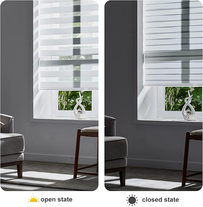 Persilux Cordless Zebra Blinds for Windows Shades (30.5"W x 72"H, White) Dual Layer Fabric for Day and Night Thermal Roller Shades, Free-Stop Room Darkening Sheer Shades for Home, Office and Bedroom
