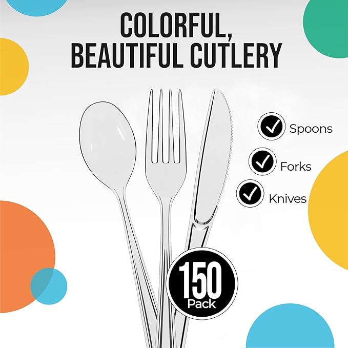 Party Solids Clear Plastic Silverware Heavy Duty 150 Pieces Clear Plastic Cutlery Sets, Utensil Sets, 50 Of Each Forks, Knives & Spoons Disposable Cutlery Set, Flatware Set For Party Supplies