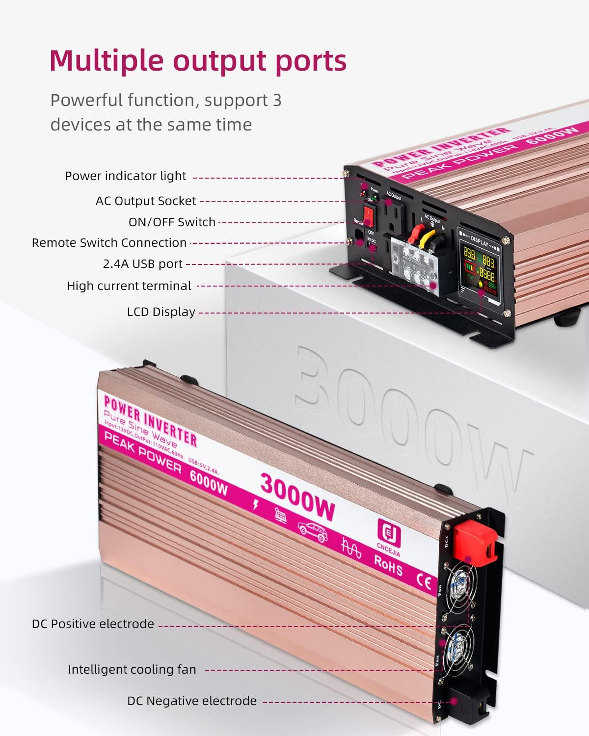 CEJIA Power Inverter 3000W Pure sine Wave ac car Inverter Peak 6000watt 12V DC to 110V 120V AC with led Display,Remote Controller,Dual AC Outlets and 2x2.4A USB Ports for RV,Solar System Emergency
