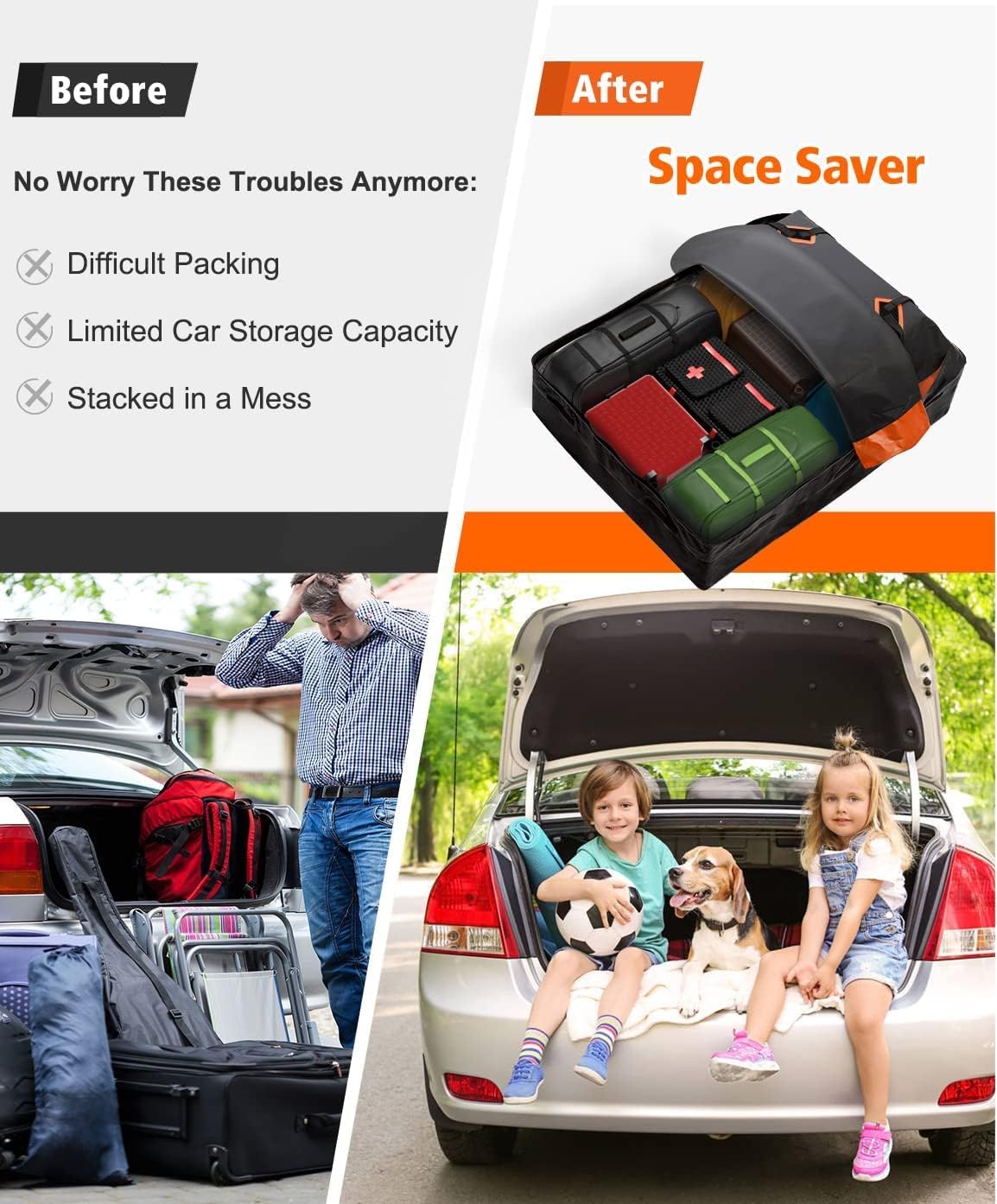 FIVKLEMNZ 21 Cubic Car Rooftop Cargo Carrier Roof Bag Waterproof for All Top of Vehicle with/Without Rack Includes Topper Anti-Slip Mat + Reinforced Straps + 6 Door Hooks + Luggage Lock