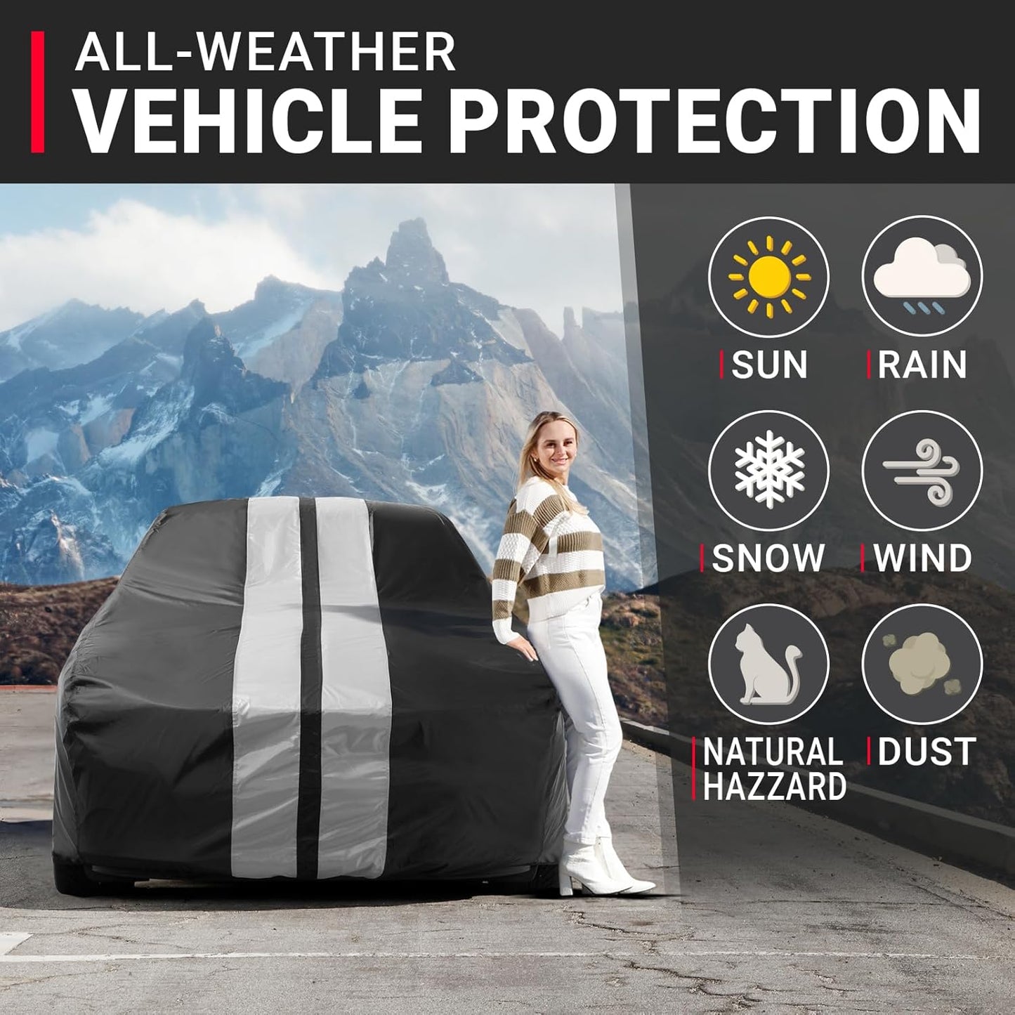 iCarCover Custom Car Cover for Chevy Impala Wagon (1962-1970) Waterproof All Weather Rain Snow UV Sun Protector Full Exterior Indoor Outdoor Car Cover (Stripe - Black/Gray)