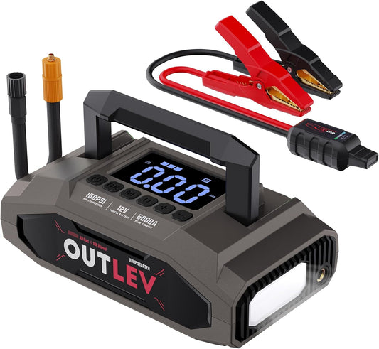 Jump Starter with Air Compressor (6000A 160PSI) - All-in-One Portable Jump Starter for Cars, Trucks, RV, Boat - Fast Charging, Safety Protection, Essential for Road Trips & Emergencies