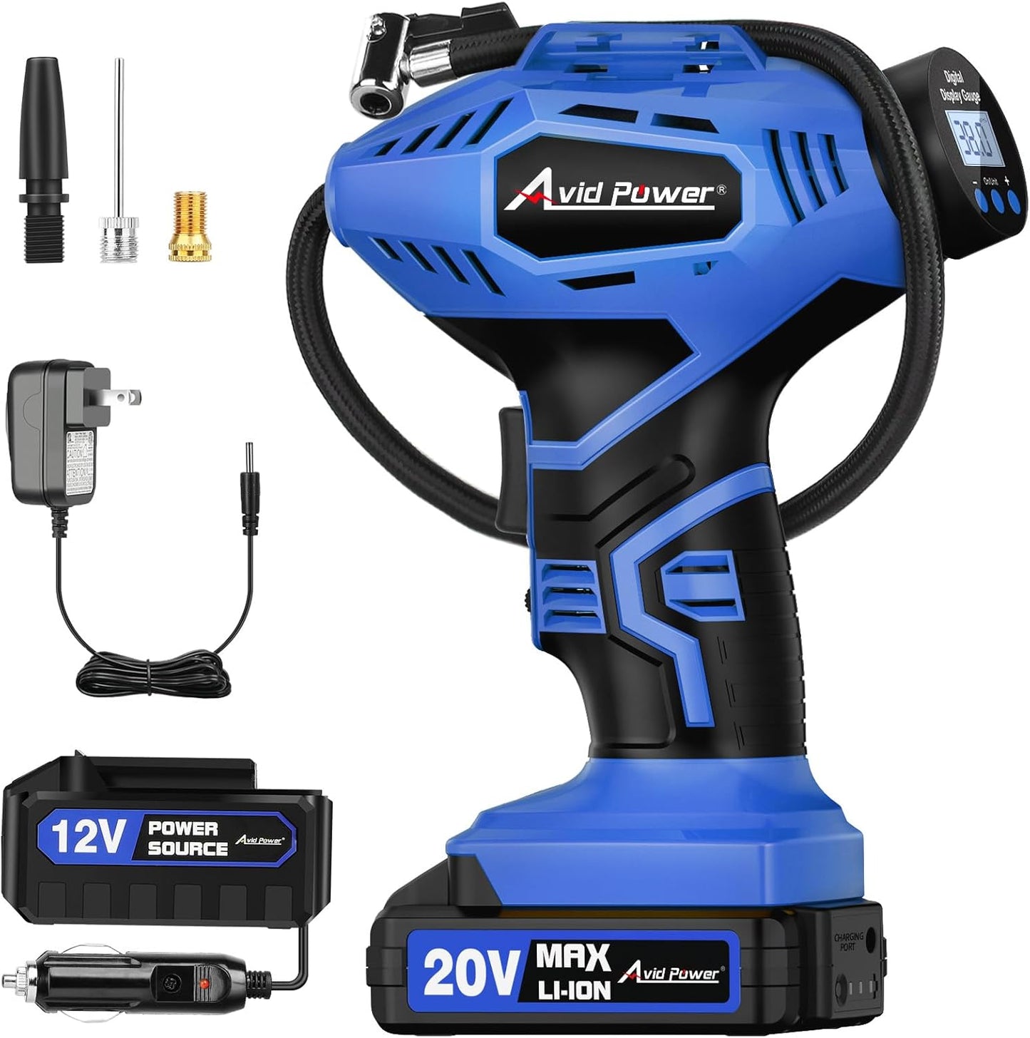 AVID POWER Cordless Tire Inflator Portable Air Compressor, 20V Rechargeable Battery Powered Car Tire Pump w/ 12V DC Adapter, Digital Pressure Gauge, Air Pump for Car, Bike, Motorcycle, Ball