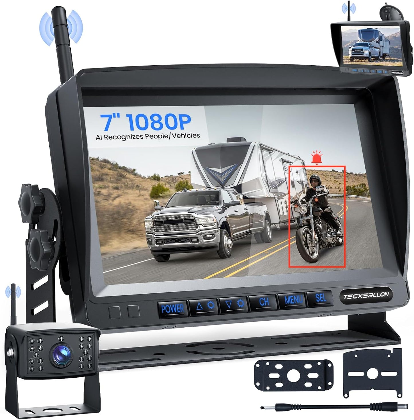 RV Backup Camera, Vehicle Backup Camera with AI Detection, 1080P Backup Cameras, 7'' Waterproof Wireless Backup Camera with DVR Recording & Night Vision for Car, Van, SUV, Truck, Trailer