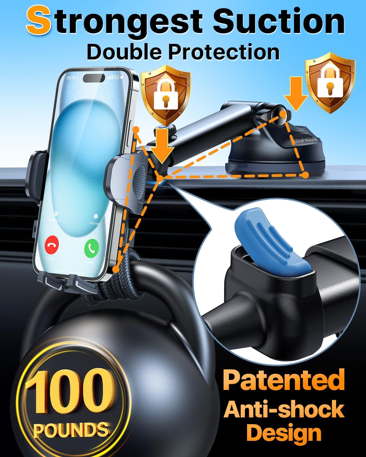 HTU 2025 Best Car Phone Holder 【Ultimate 5-in-1 & Upgraded 100+LBS Strongest Suction】【True Military-Grade & Safety Cert】 360° Windshield Dashboard Vent Mount for iPhone Android & Truck, Deep Black