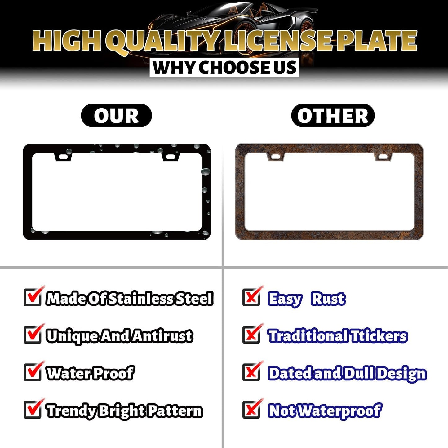 Crocodile Skin Print License Plate Frame Cool Animal Texture License Plate Holder Funny License Plate for Car Decoration Stainless Steel Car Accessory with Screws Men Women 12.3" x 6.3"