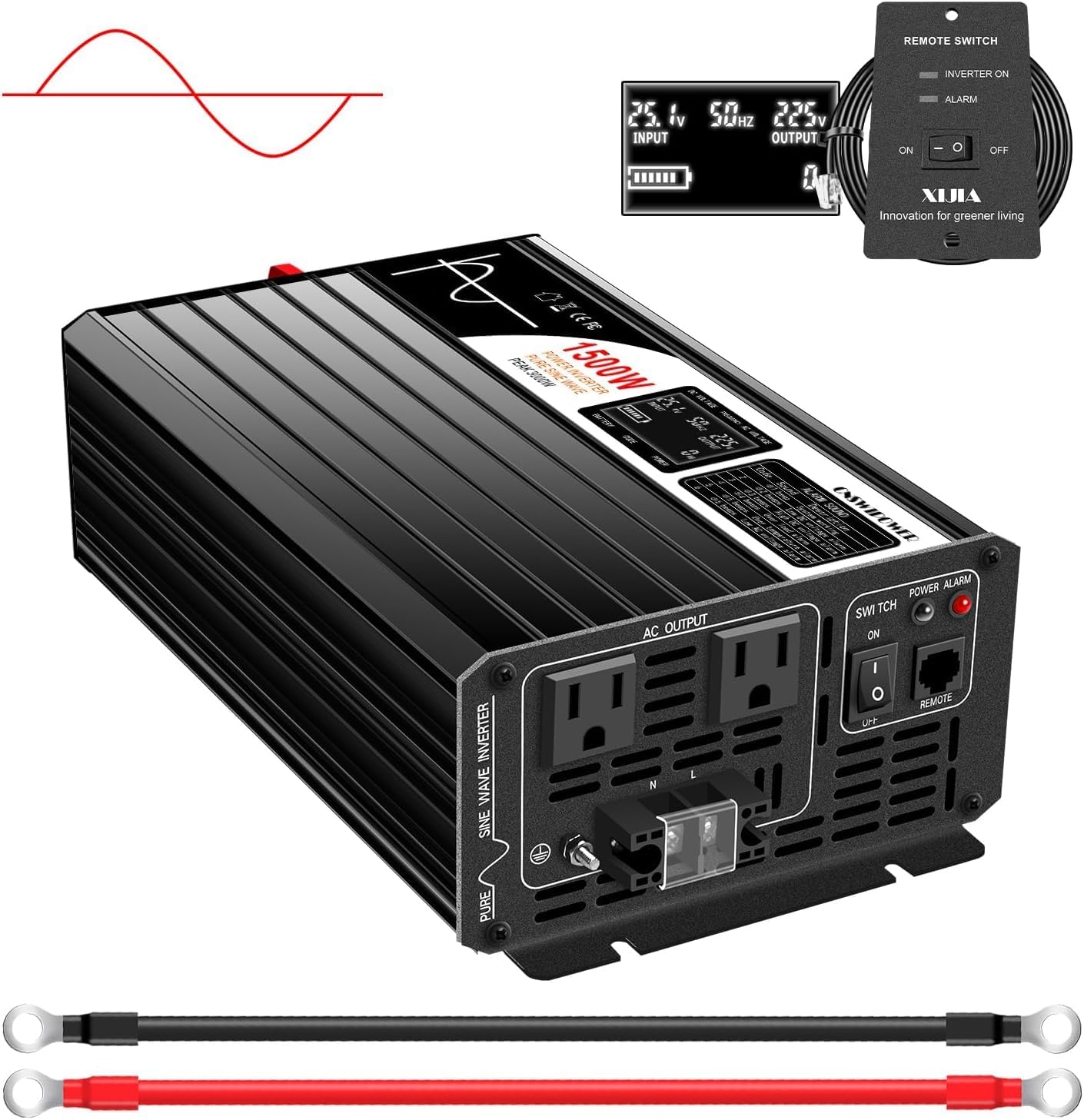 Xijia 1500W(Peak Power 3000W) Pure Sine Wave Solar Power DC 12V Inverter AC 120V 60HZ Solar Converter for Home Use car (DC12V (Range 10V-15V) 1500W)