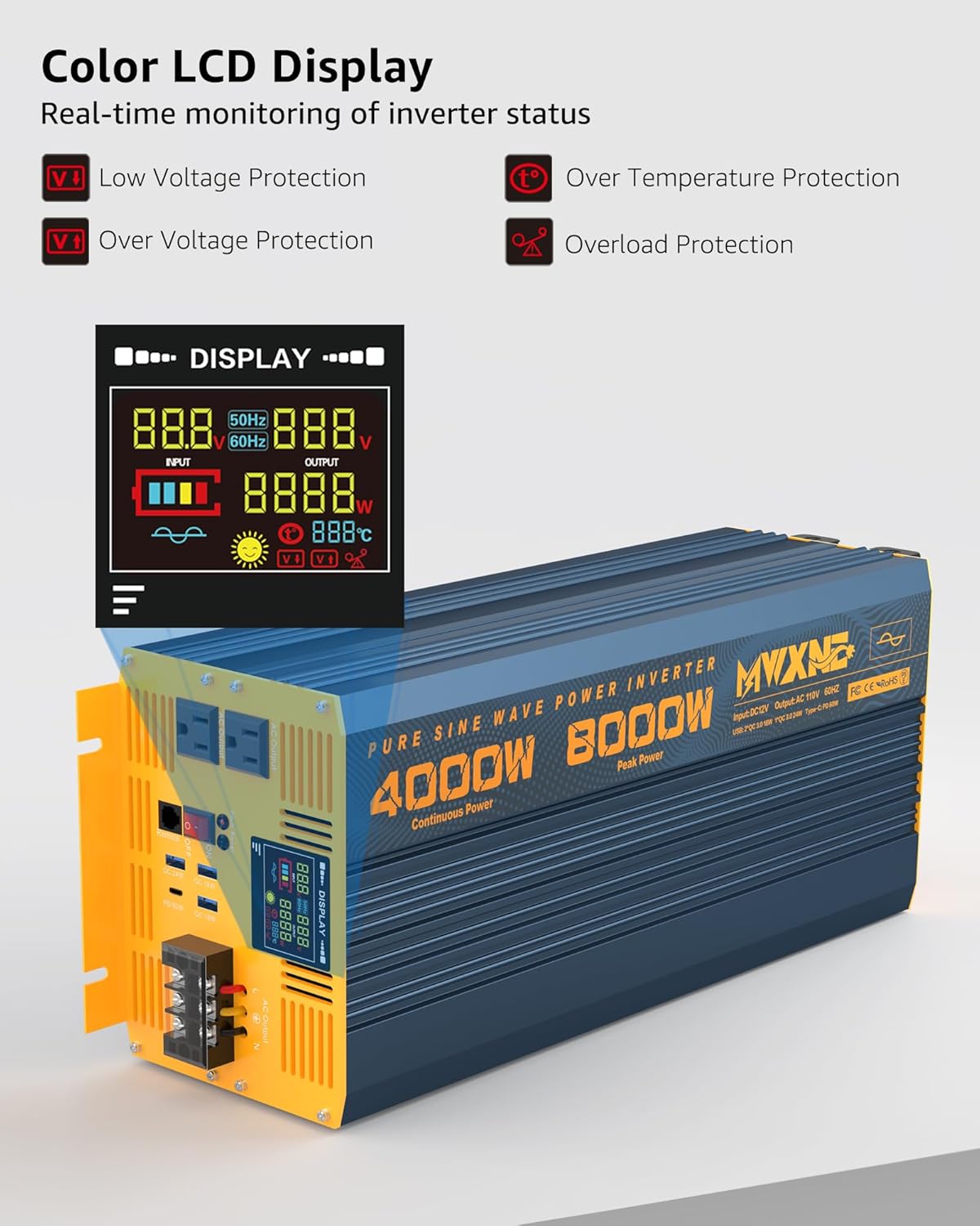 4000W Pure Sine Wave Power Inverter DC 12V to AC 110V 120V for Home RV with Dual AC Outlets 1 USB-C(60W) 3 USB-QC3.0 Fast Car Charger Adapter, LCD Display and Remote Control