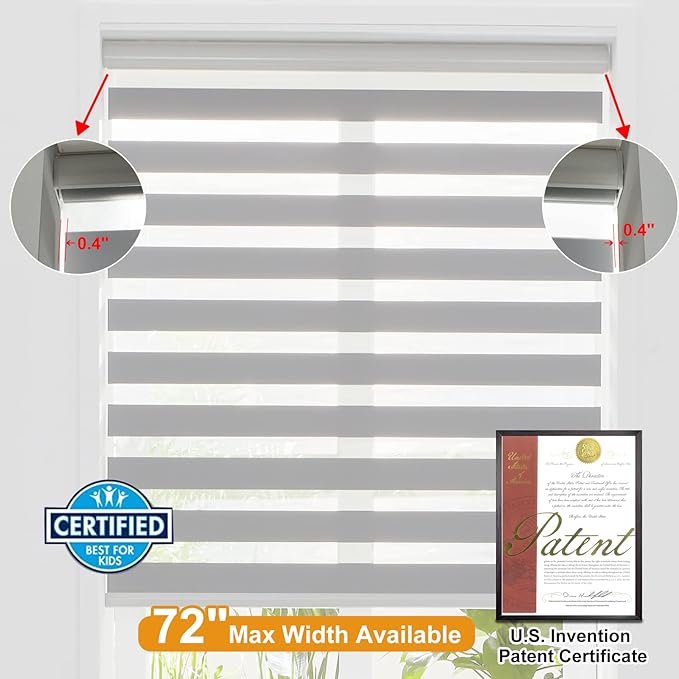 Persilux Cordless Zebra Blinds for Windows Free-Stop Roller Windows Shades (46" W X 72" H, Grey) Dual Layer Light Control for Day and Night, Light Filtering Sheer Shades for Home