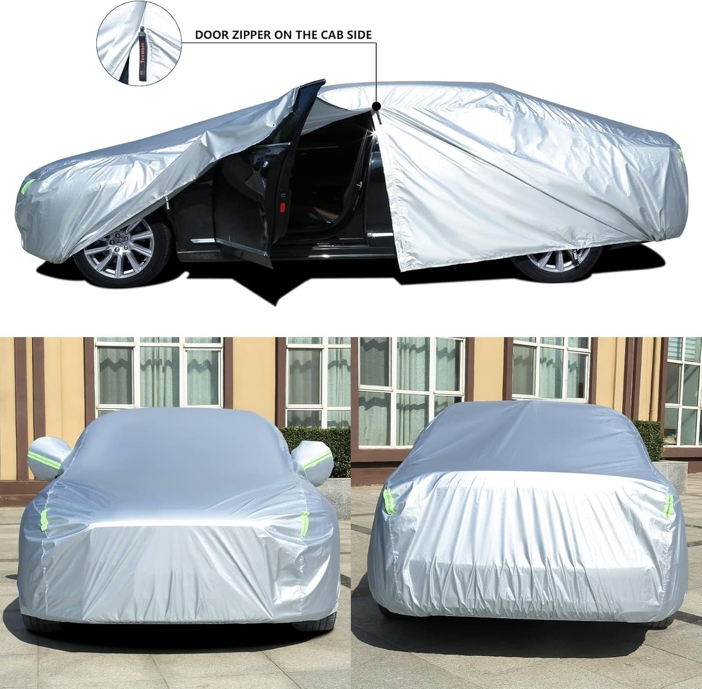 Tecoom Hard Shell Oxford Material Door Shape Zipper Design Waterproof UV-Proof Windproof Car Cover for All Weather Indoor Outdoor Fit 201-210 Inches Sedan