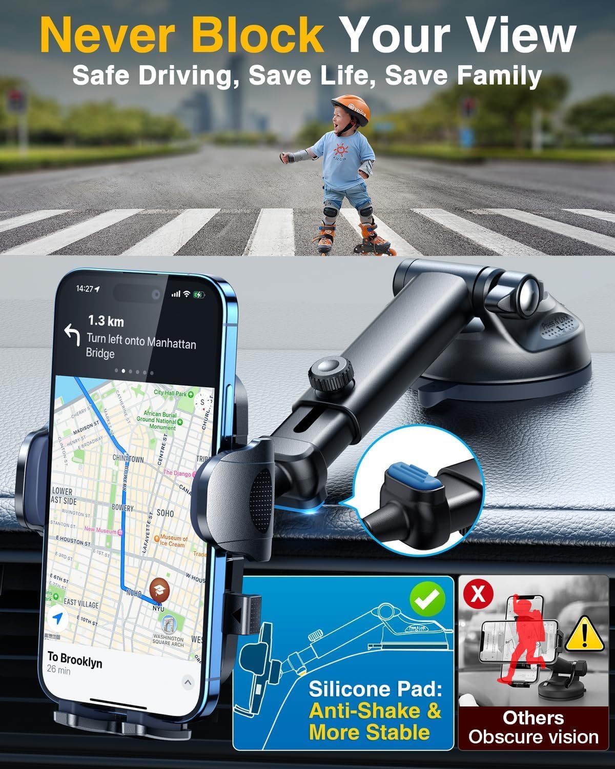 [2025 Upgrade Extreme Strong Suction] YRU Car Phone Holder Mount,[Bumpy Road Stable]Dashboard Cell Phone Holder for Car Vent Windshield Phone Stand for iPhone 16 15 14 13 Pro Max Samsung Truck, Black