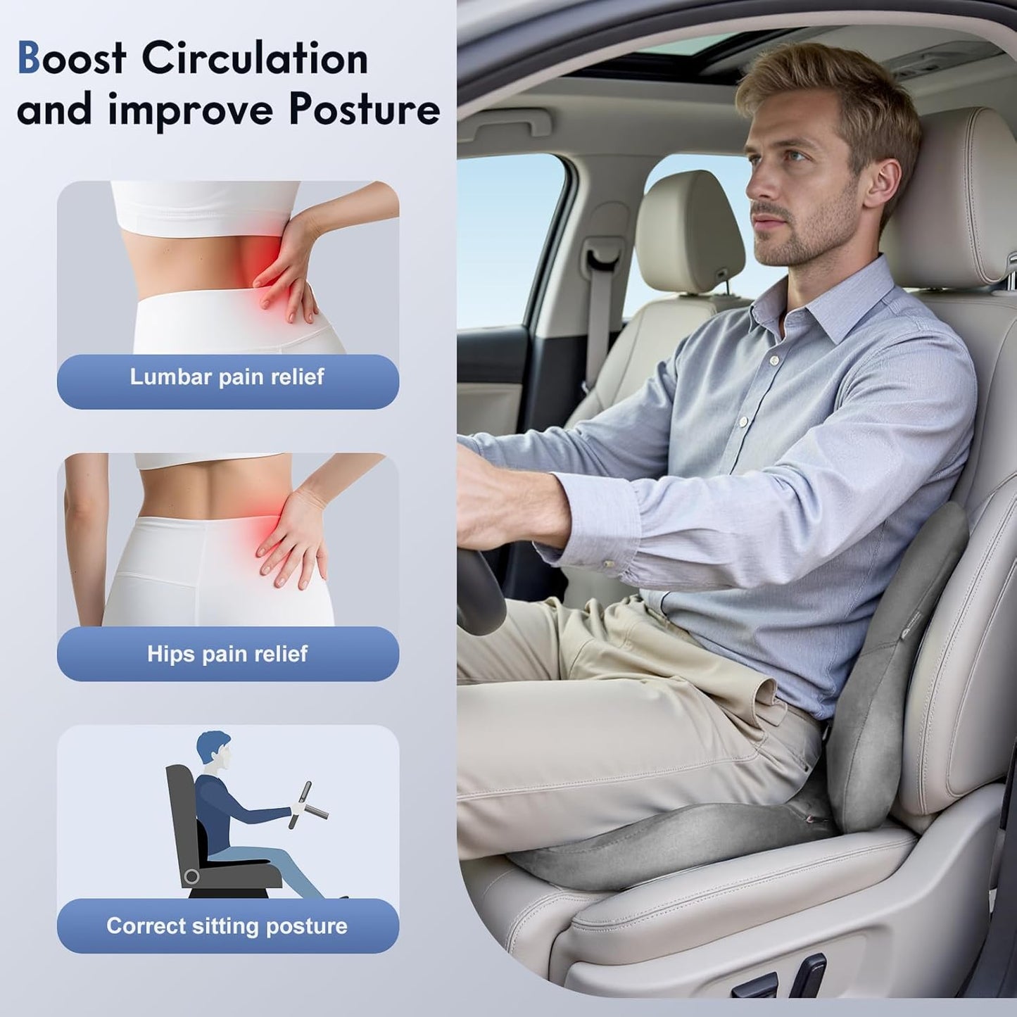 Coverado Memory Foam Car Seat Cushion and Lumbar Support Pillow for Car, Ergonomic Office Chair Cushion for Lower Back Pain Relief, Breathable & Non-Slip for Car, Home, and Office Use, Gray