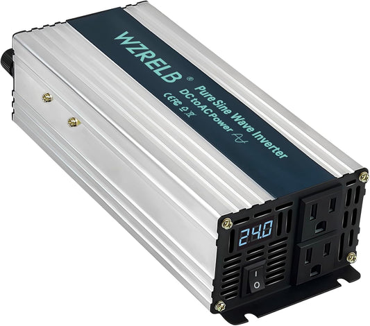 WZRELB 1200W Pure Sine Wave Inverter 24V DC to 110V 120V AC Power Converter with LED Display, Off-Grid Portable Power Inverter with 2 AC Outlets for Home, RV, Truck, Camping