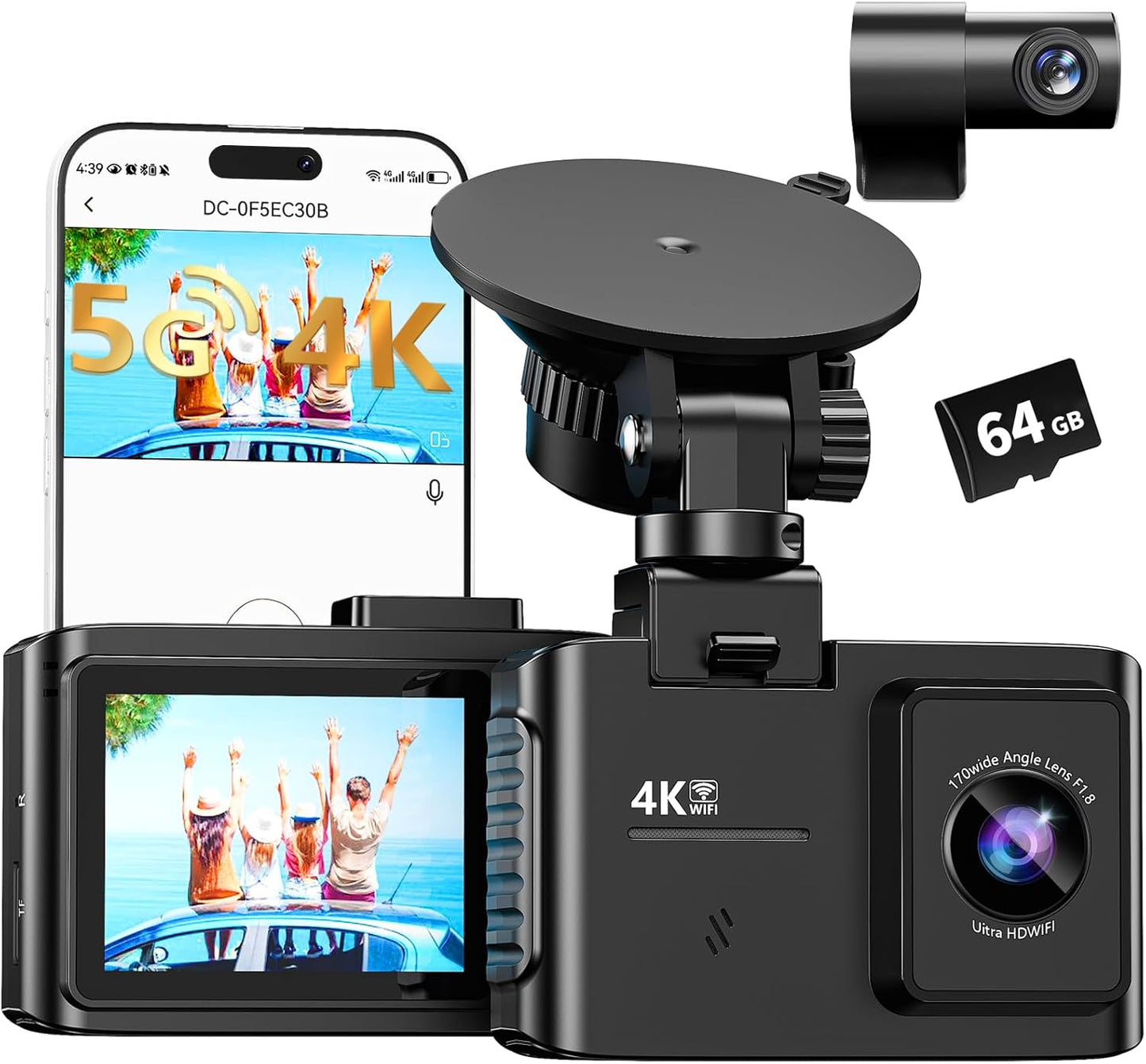 Dash Cam Front and Rear: 4K Dual Channel Dash Cam - 5GHz WiFi, Dash Camera for Cars with 64GB Card, 2.0" IPS Screen, App Control, G-Sensor, Loop Recording, 170° Wide Angle, Night Vision, Parking Mode