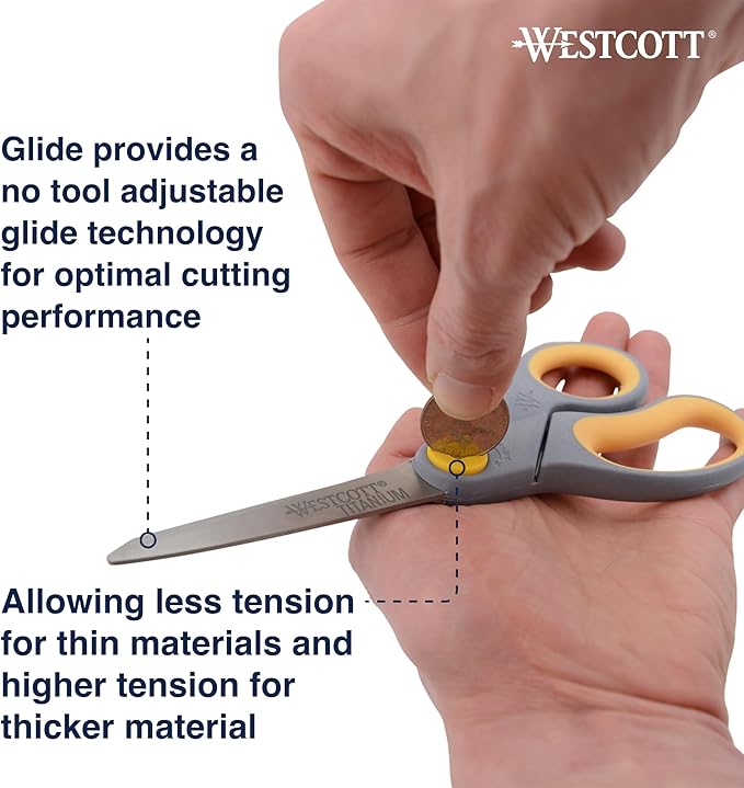 Westcott 8-Inch Titanium-Bonded Scissors with Adjustable Glide Feature for Office and Home - Gray/Yellow, 2-Pack
