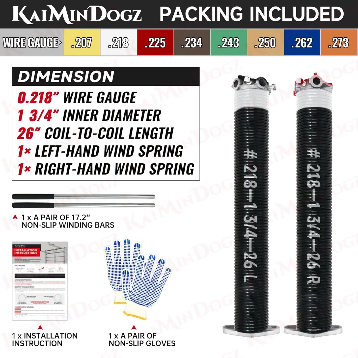 Pair of 1.75" Garage Door Torsion Springs Set with Non-Slip Winding Bars&Gloves, High Precision Electrophoresis Oil-Free Black Coated for Replacement, MIN 16,000 Cycles (0.218 x 1.75"x 26")