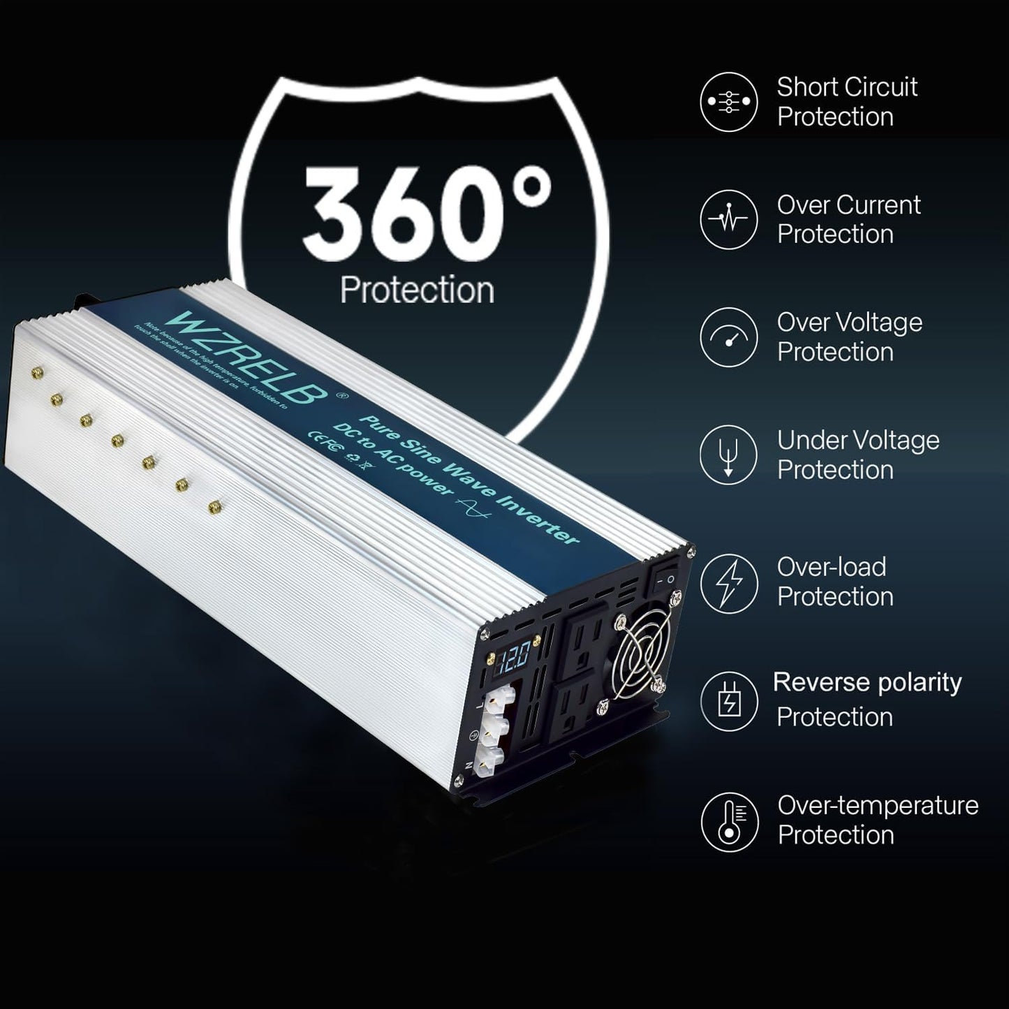 WZRELB 3500W Pure Sine Wave Inverter, Car Power Inverter 12V DC to 110V 120V AC Converter for RV, Truck, Solar, Outdoor with Dual AC Outlets, Hardwire Port, Surge 7000W, LED Display,Off-Grid