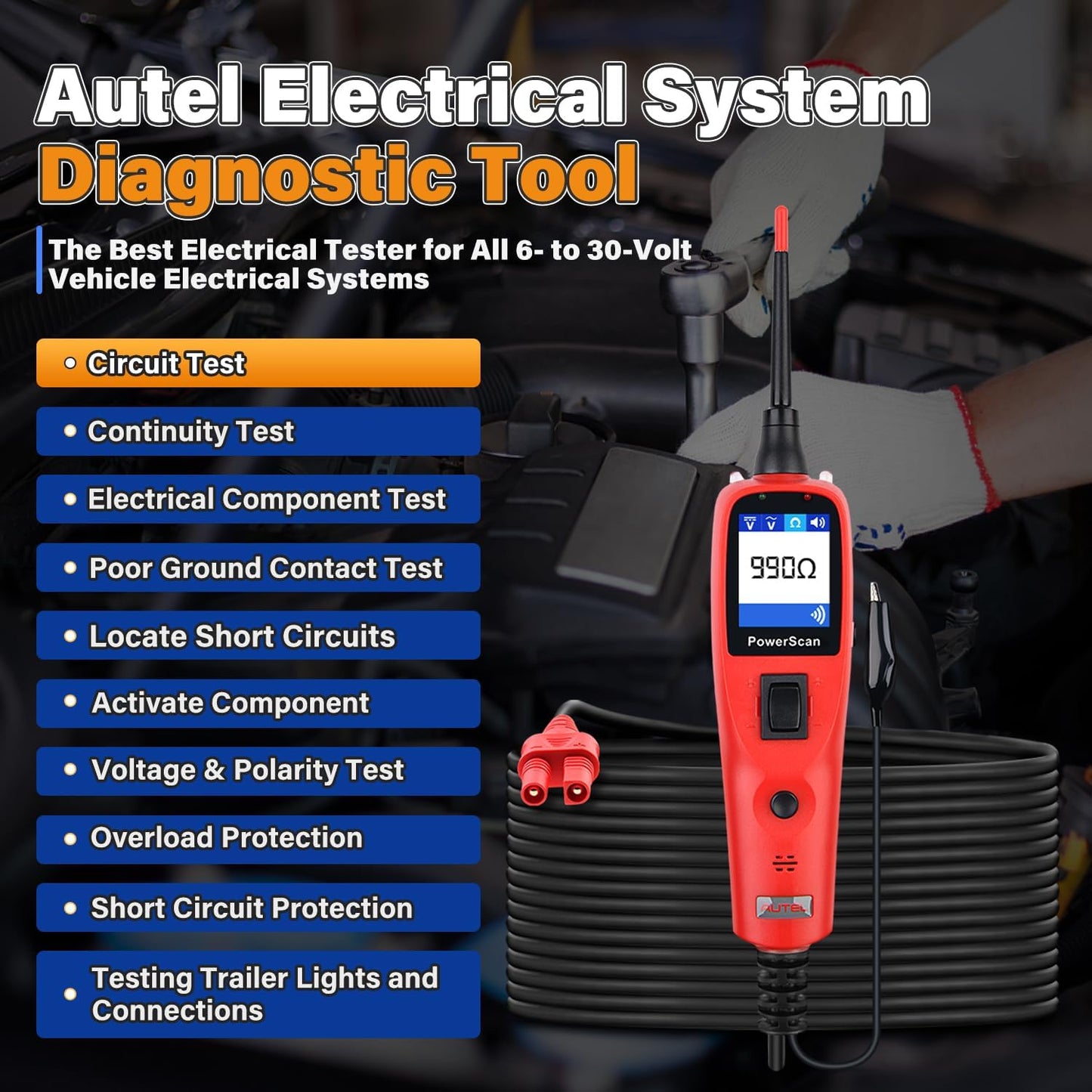 Autel PowerScan PS100 Automotive Circuit Tester 2.0, 12-24V Power Circuit Probe Tool, Auto Electrical Short Open Circuit Finder, AC/DC/Resistance/Component/Signal/Test Tool, w 20ft Extension Cable