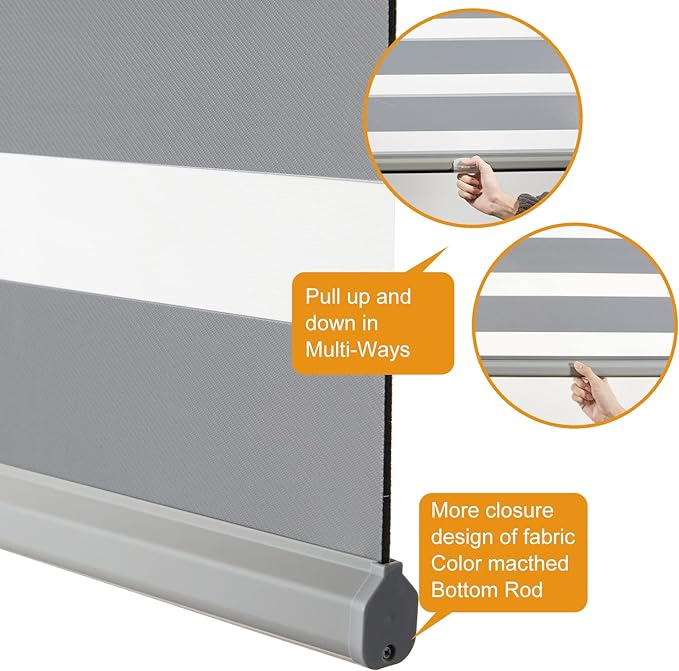Persilux Cordless Zebra Blinds for Windows Free-Stop Roller Windows Shades (72" W X 72" H, Grey) Dual Layer Light Control for Day and Night, Light Filtering Sheer Shades for Home