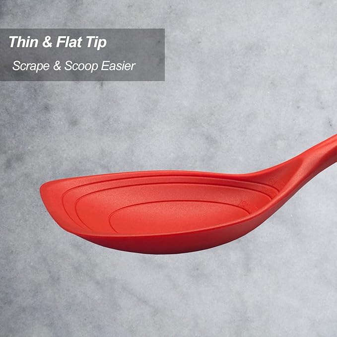 Large Silicone Cooking Spoon, Non-Stick Solid Spoon set with Deep Bolw and Measurement Mark for Mixing, Serving, Draining, Scooping, Scraping, Heat Resistant Kitchen Utensils, Red