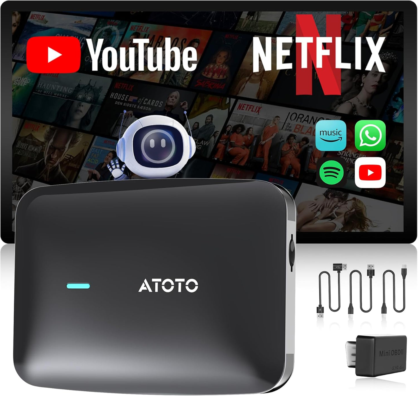 Wireless Ai Box CarPlay Adapter with OBD2 Scanner, Car Video Streaming Plug & Play Carplay Box for iPhone & Android Auto with Ai ChatGPT, Supports YouTube, Netfilx, Dual WiFi, CB4B Upgraded