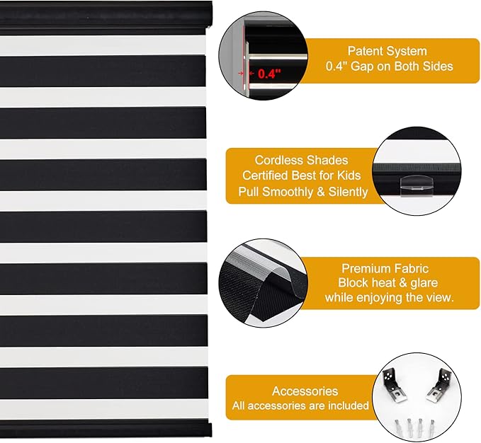 Persilux Cordless Zebra Roller Window Shades Free-Stop Roller Blinds (32" W X 72" H, Black) Light Control for Day and Night, Light Filtering Sheer Roller Shades for Windows, Easy to Install