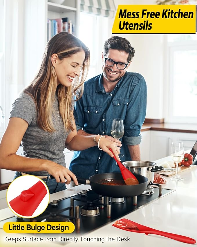 Pack of 2 Cooking Spoons for Non Stick Cookware, Multifunction Spatula Spoon BPA-Free, One-Piece Design, Suitable for Scooping, Scraping, Serving and Mixing(BLACK-RED)