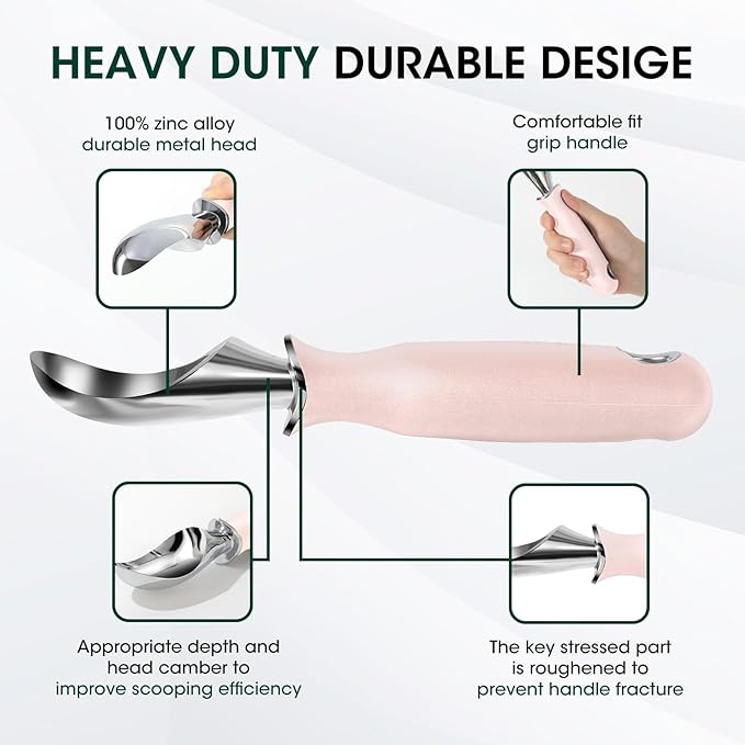 Beneno Heavy Duty Ice Cream Scoop - Upgraded Anti-Fracture Design, Comfortable Grip Long Handle, Effortless Scooping & Dishwasher Safe, Pink