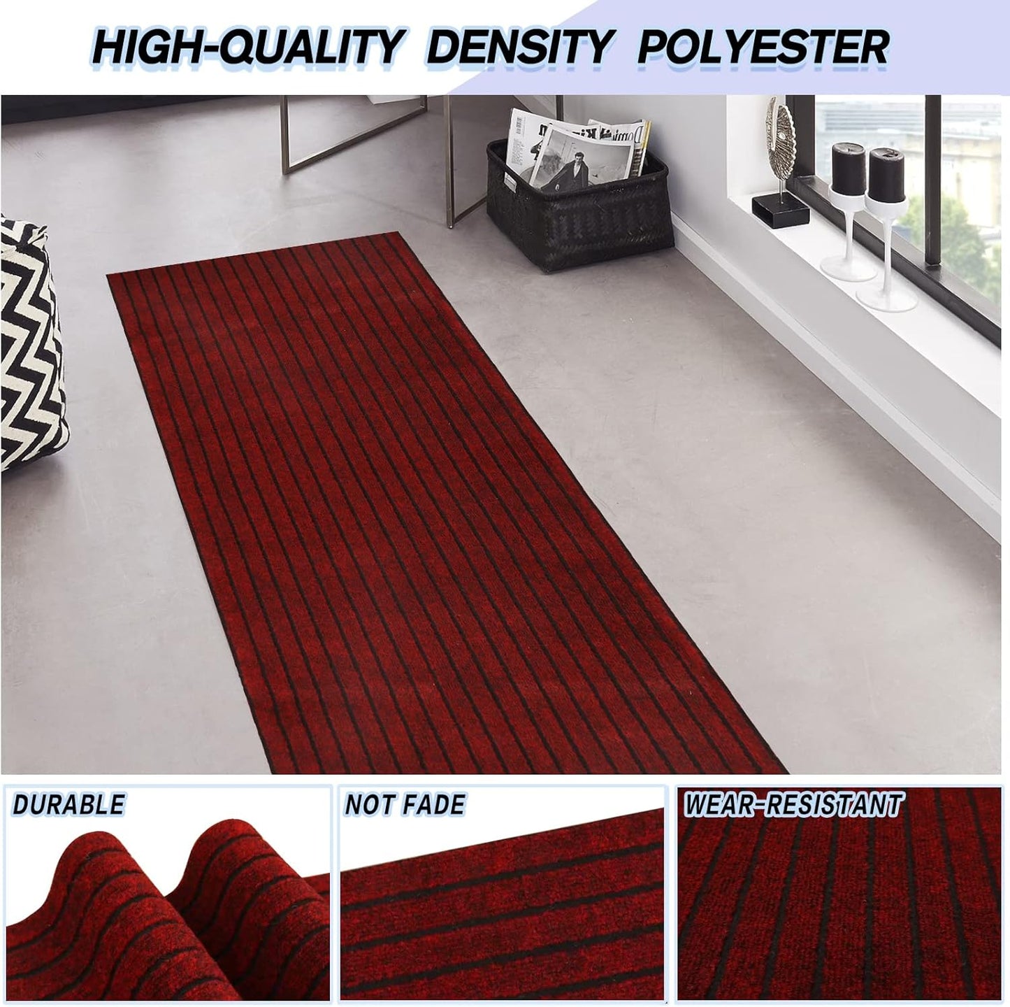 Custom Size Backed Non-Slip Area Rugs Runner, Easy Clean, Waterproof Runner Rugs for Hallway Entryway, Kitchen, Laundry, 2FT x 69FT, Red Stripe