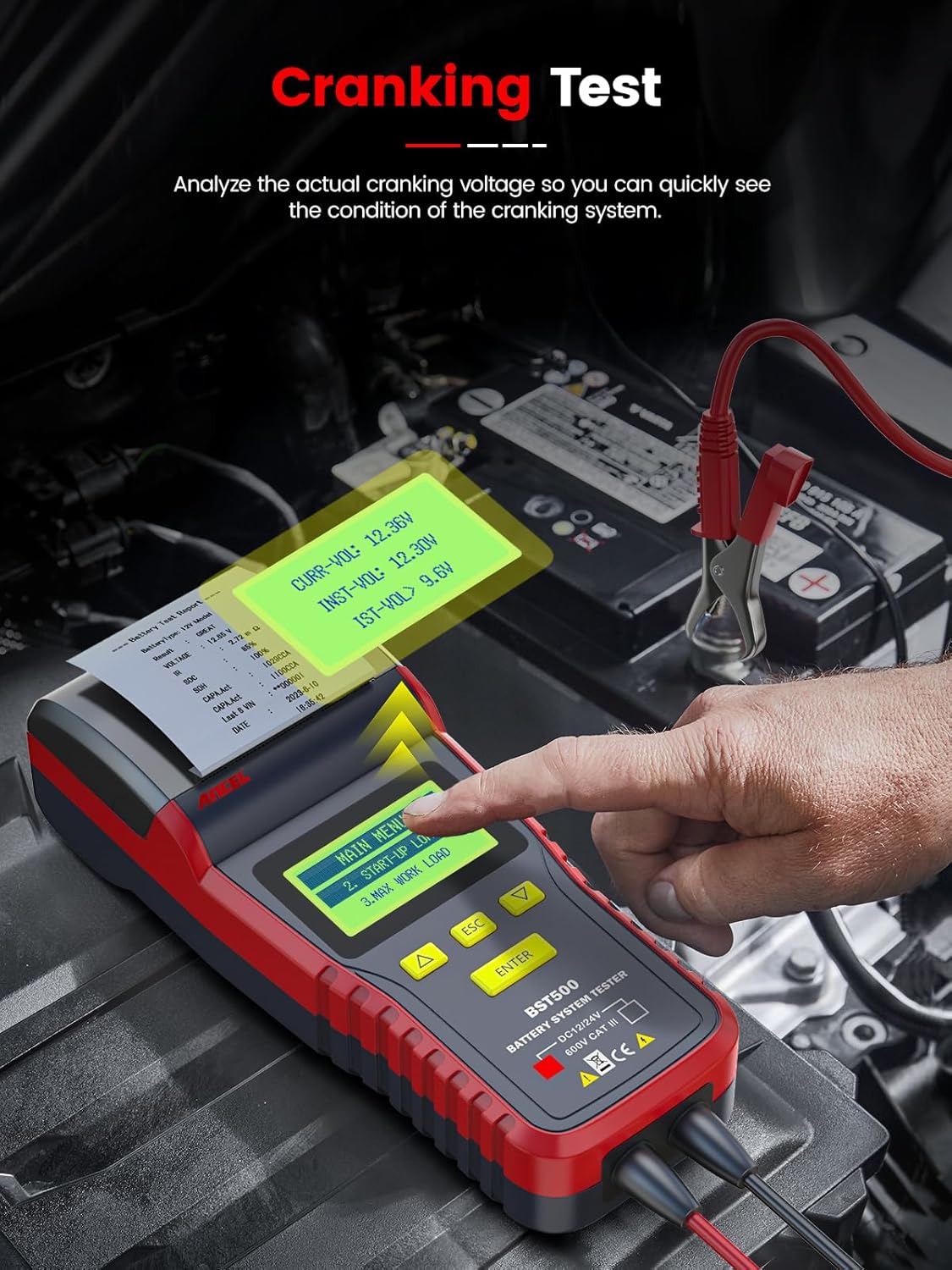 ANCEL BST500 Car Battery Tester with Printer, 12v 24v Automotive Battery Load Tester, Cranking Charging System Analyzer, 99.99% Accuracy for Car Motorcycles Truck SUV ATV RV and More