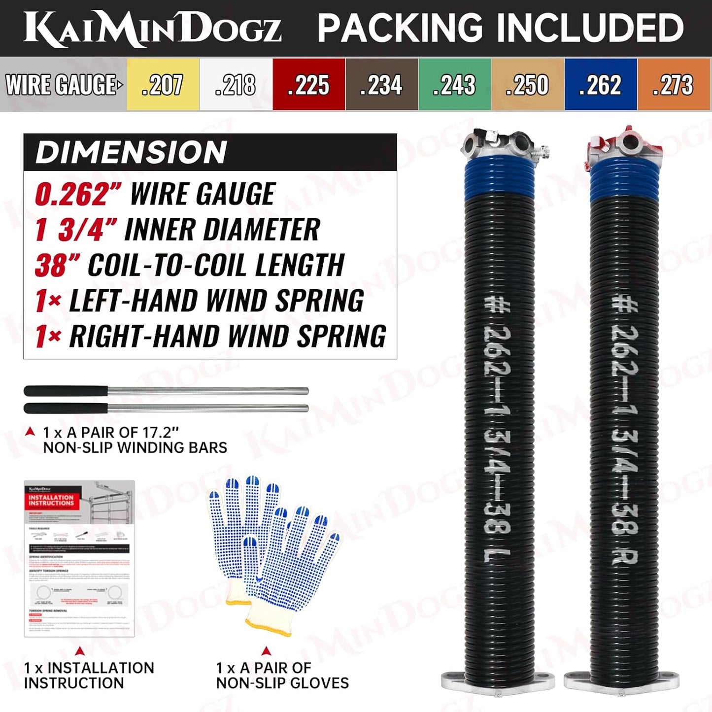 Pair of 1.75" Garage Door Torsion Springs Set with Non-Slip Winding Bars&Gloves, High Precision Electrophoresis Oil-Free Black Coated for Replacement, MIN 16,000 Cycles (0.262 x 1.75"x 38")