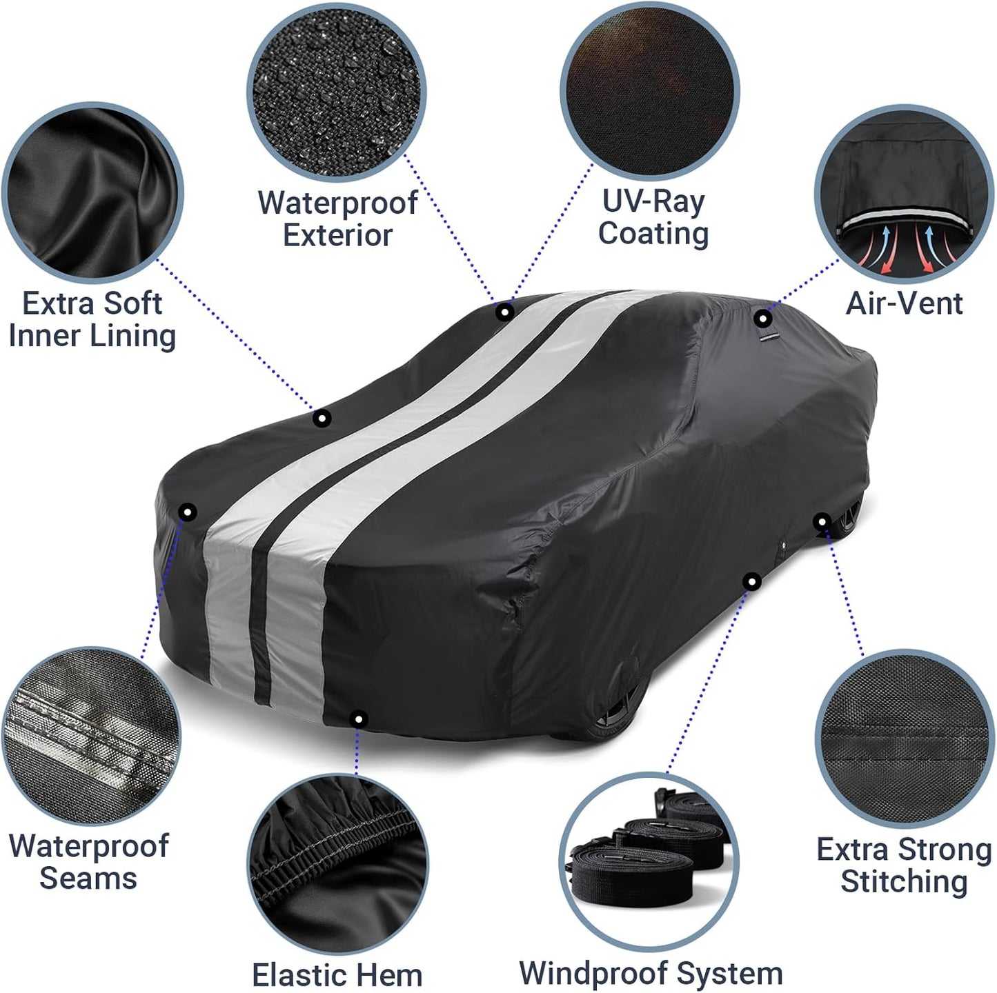 iCarCover Custom Car Cover for Chevy Bel Air Wagon (1971-1975) Waterproof All Weather Rain Snow UV Sun Protector Full Exterior Indoor Outdoor Car Cover (Stripe - Black/Gray)