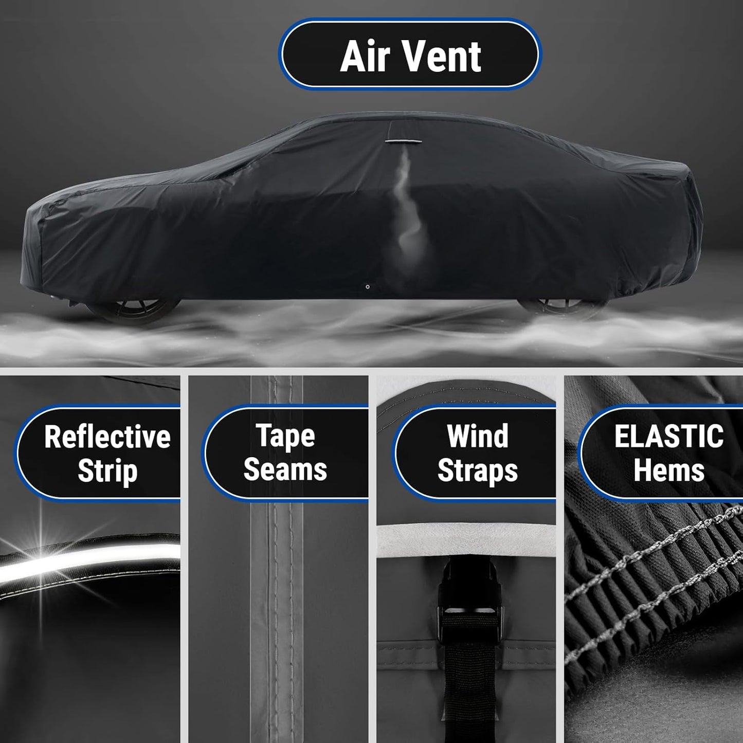 iCarCover Custom Car Cover for Chevy Nova 2-Door, 4-Door (1962-1967) Waterproof All Weather Rain Snow UV Sun Protector Full Exterior Indoor Outdoor Car Cover (Stripe - Black/Gray)