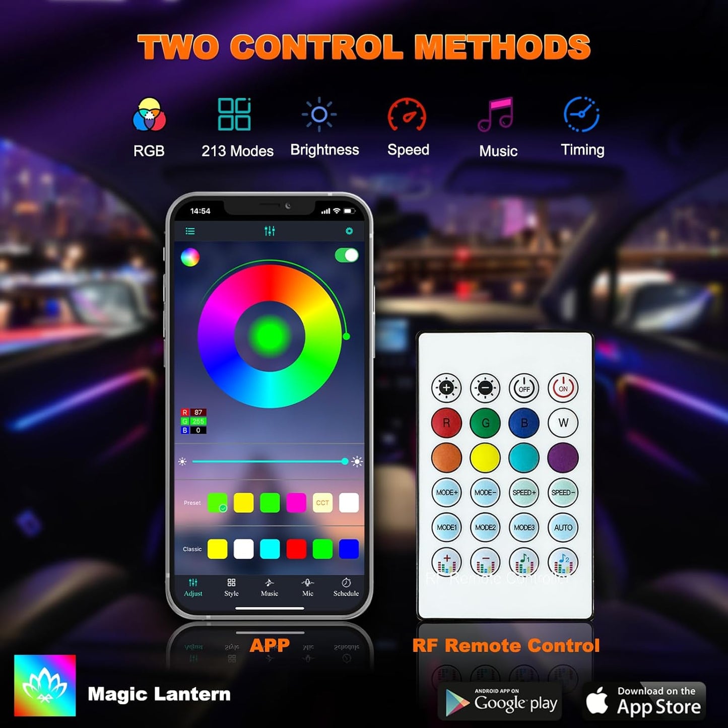 Interior Car LED Strip Lights, Acrylic LED Lights for Car with Dynamic Dreamcolor Chasing, Ambient Lighting Kits Music Sync Wireless APP and RF Remote Control (2 * 29.5'')