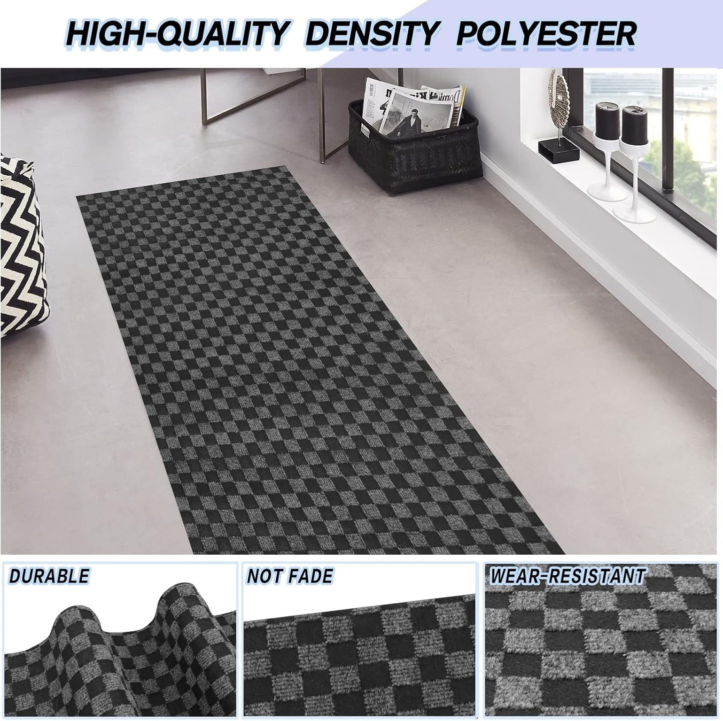 Custom Size Backed Non-Slip Area Rugs Runner, Easy Clean, Waterproof Runner Rugs for Hallway Entryway, Kitchen, Laundry, 3FT x 4FT, Gray Checkered
