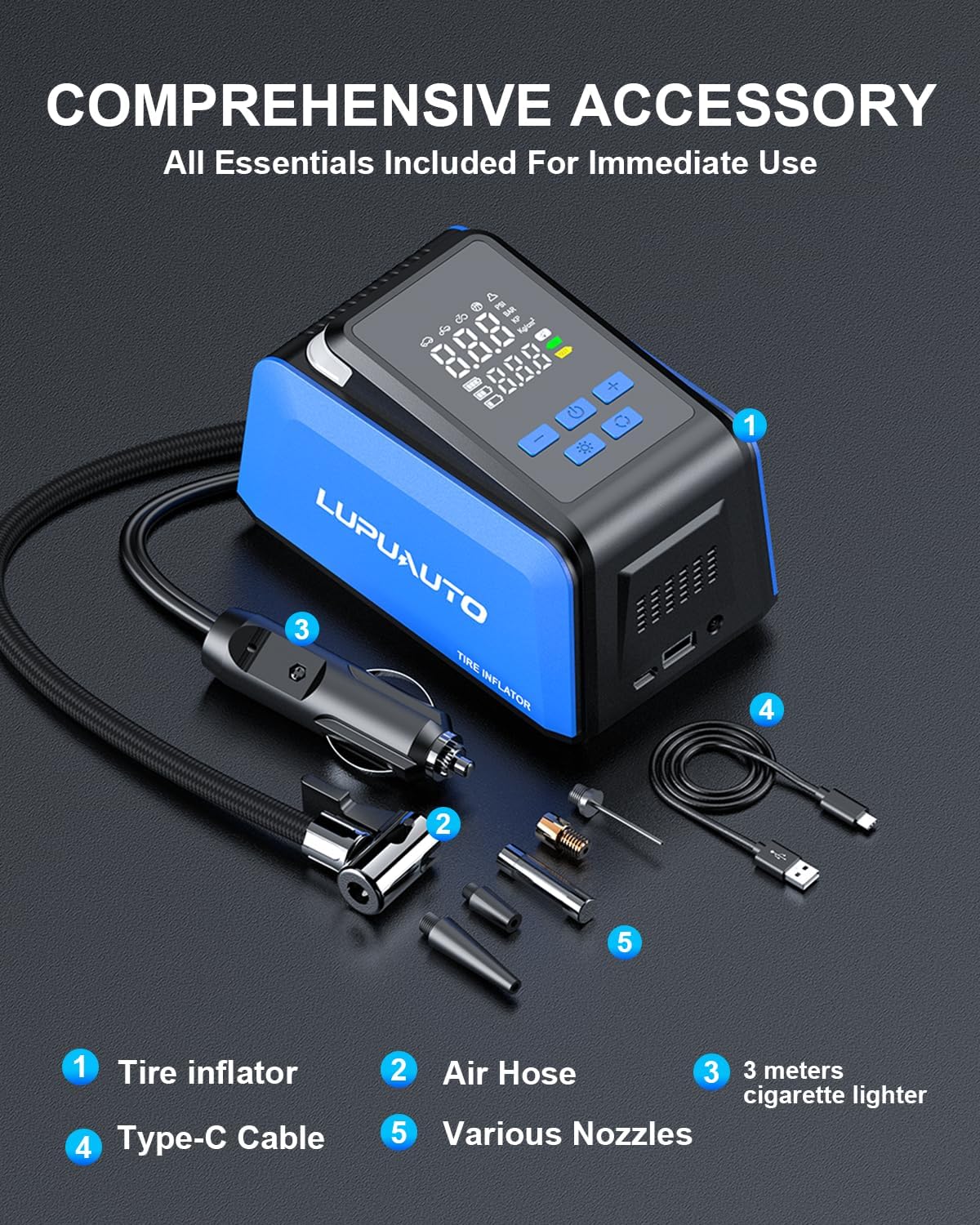 Tire Inflator Portable Air Compressor, 2X Faster Inflation, 150PSI Air Pump for Car Tires with Digital Pressure Gauge/LED Light for Car, Motorcycle, Bicycle, Balls and More