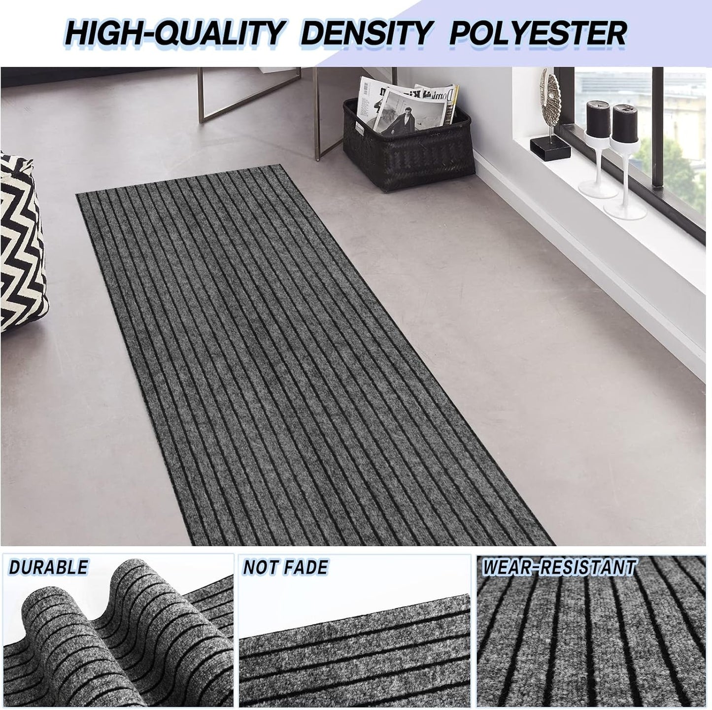 Custom Size Backed Non-Slip Area Rugs Runner, Easy Clean, Waterproof Runner Rugs for Hallway Entryway, Kitchen, Laundry, 2FT x 76FT, Gray Stripe
