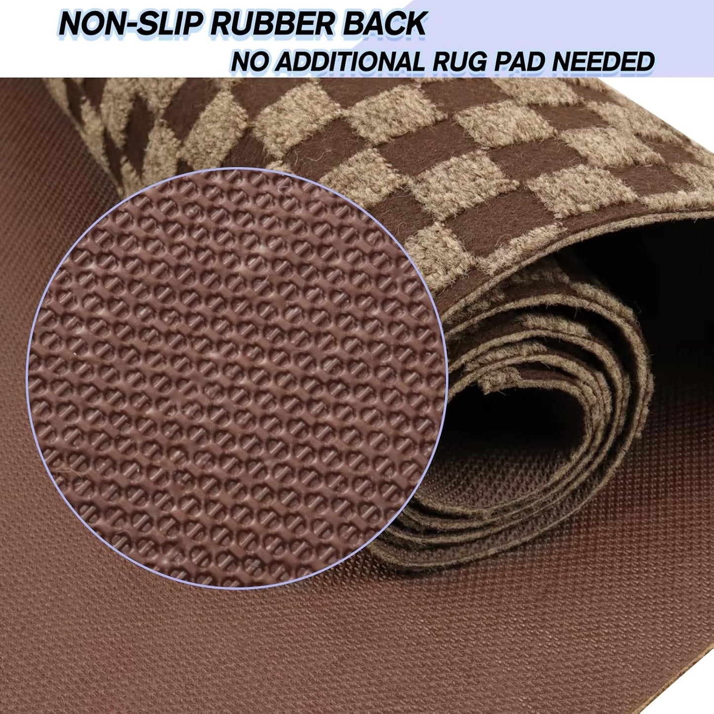 Custom Size Backed Non-Slip Area Rugs Runner, Easy Clean, Waterproof Runner Rugs for Hallway Entryway, Kitchen, Laundry, 2FT x 55FT, Brown Checkered