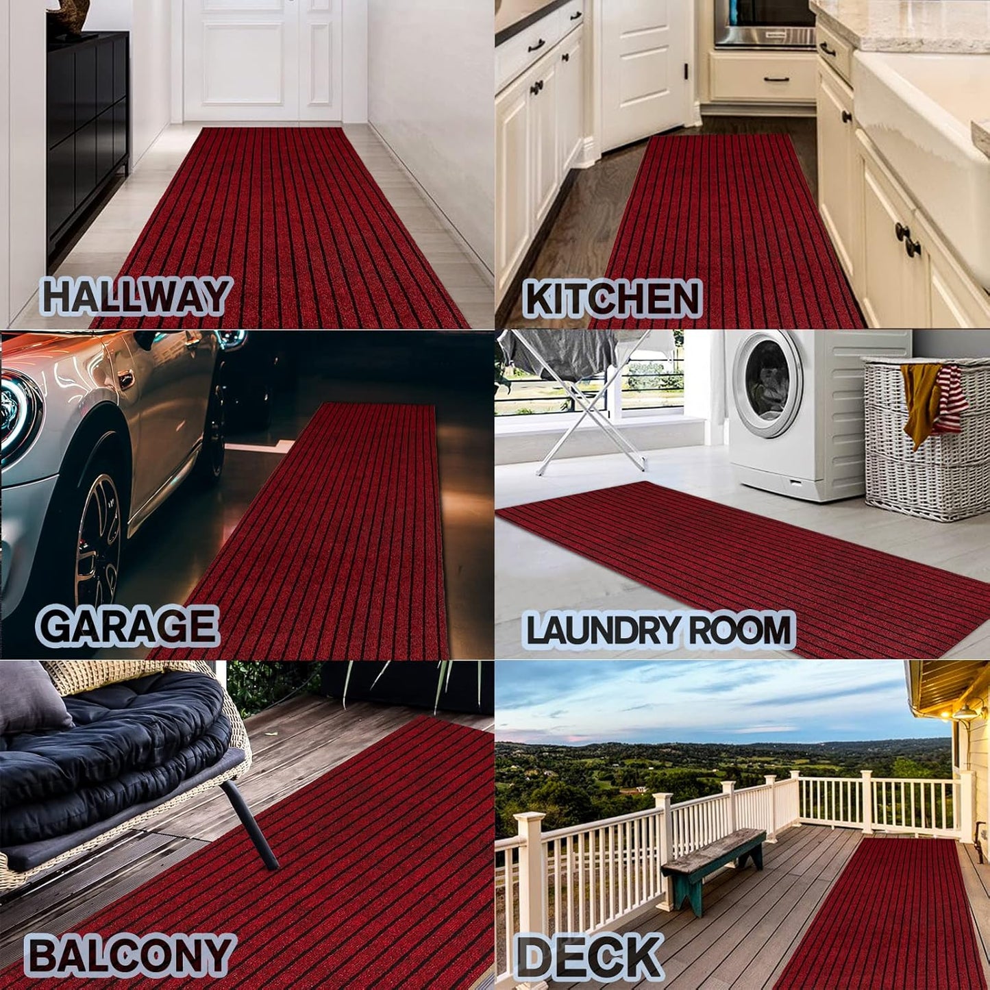 Custom Size Backed Non-Slip Area Rugs Runner, Easy Clean, Waterproof Runner Rugs for Hallway Entryway, Kitchen, Laundry, 3FT x 32FT, Red Stripe