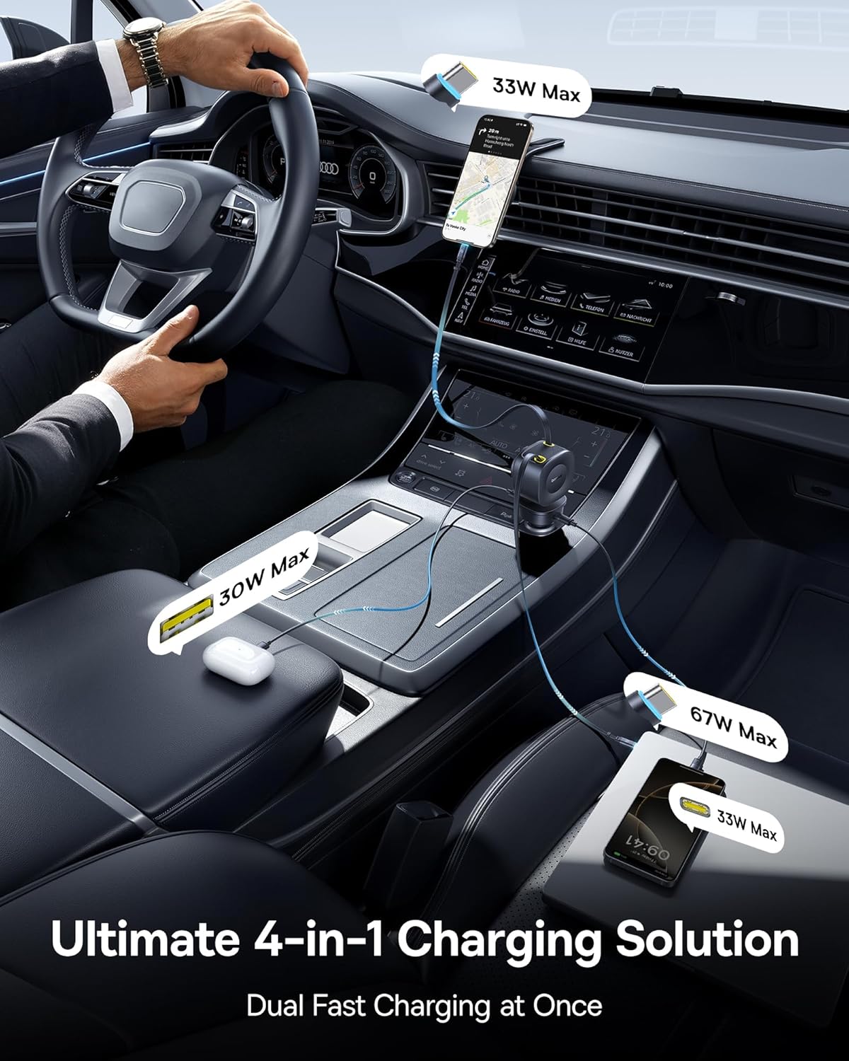 Baseus 163W Retractable Car Charger USB C Fast Charging, PrimeTrip VR2 Max 4 in 1 Fast Car Charger with Dual Retractable USB C Cable for iPhone 16 15 14 Pro Max, Samsung Galaxy S25 Ultra, Android