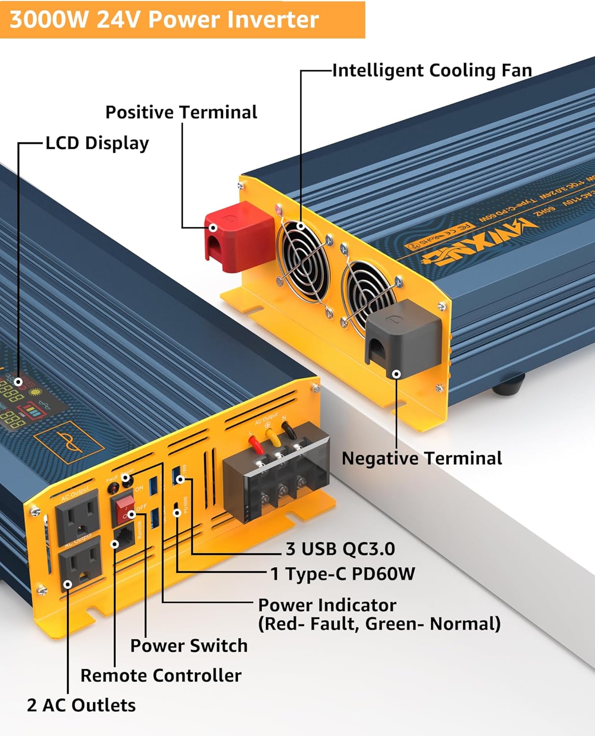 3000W Pure Sine Wave Power Inverter DC 24V to 110V 120V AC with 4 Quick Charging USB Ports& Dual AC Outlets Power Inverters for Vehicles RV Truck Home with LCD Display and Remote Controller
