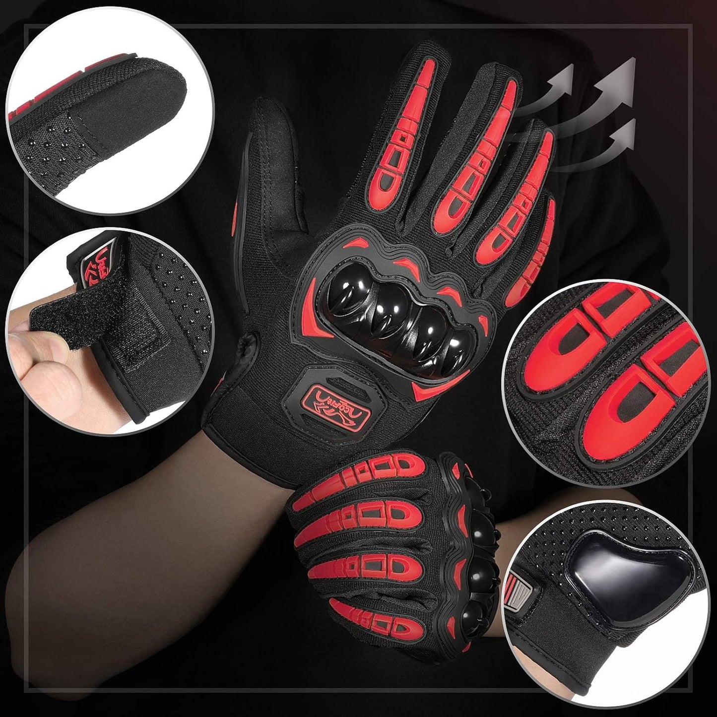 COFIT Motorcycle Gloves Breathable, Touchscreen Motorbike Gloves Anti-Slip with Good Grip Hard Knuckles Protection for Men Women Motocross, BMX ATV MTB Cycling, Road Racing - Red XL
