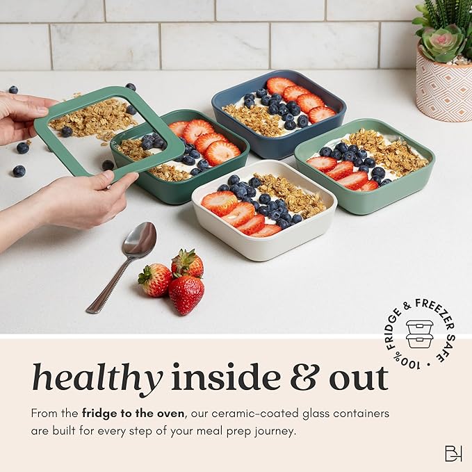 Ceramic Coated Glass Food Storage Container | No PTFE, PFOA, PFAS, and BPA | Reusable Non Toxic Meal Prep Container with Glass Lid | Easy To Store | 8 Cup Square [Willow]