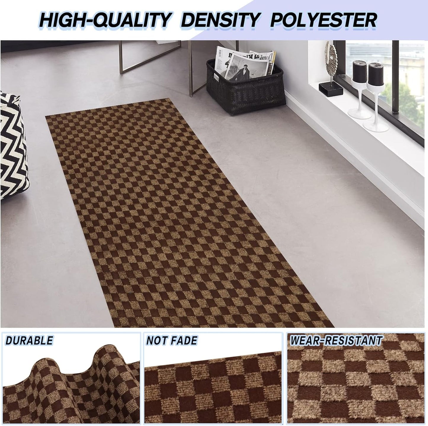 Custom Size Backed Non-Slip Area Rugs Runner, Easy Clean, Waterproof Runner Rugs for Hallway Entryway, Kitchen, Laundry, 4FT x 32FT, Brown Checkered
