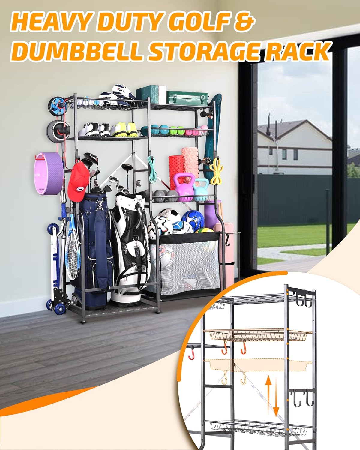 PLKOW Golf Storage Ball Rack Garage Organizer, 2 Golf Bag Organizer and Other Sports Equipment Organizer for Garage, Extra Large Size Sports Storage Rack for Garage